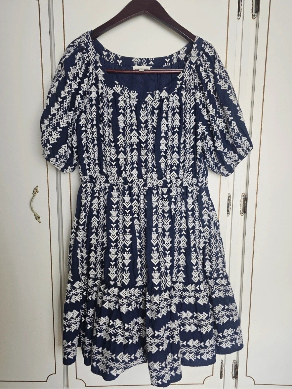 Navy and White Printed Midi Dress with Puff Sleeves